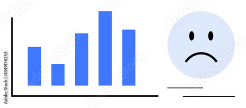 Business decline. A declining bar graph and sad face business decline. Business decline reflects market losses, poor performance, and economic challenges. For reports, presentations, infographics
