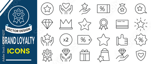 Brand loyalty icon set. Line icon of brand positioning,  trust, identify, satisfied, perception, equity,profitability icon,  marketing, strategy, innovation, differentiation, target, audience icon.