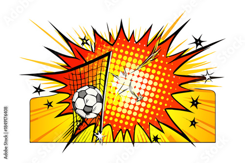 Dynamic Soccer Goal Impact with Explosive Comic Book Style Energy and Halftone Effect, Celebrating a Game-Winning Shot in a Sport Competition