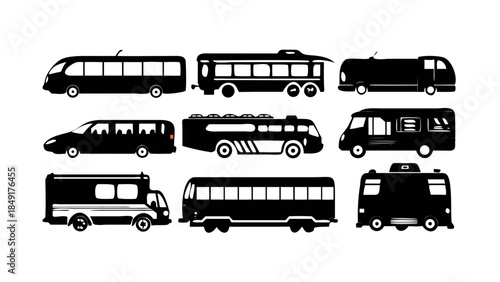 Collection of various public transportation buses and passenger vehicles silhouette icons