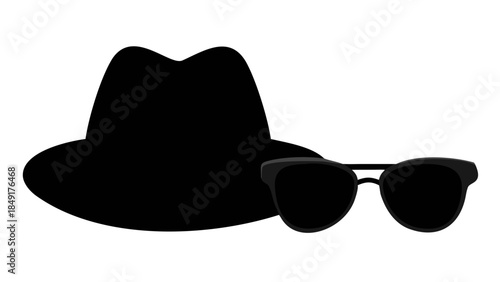 Black fedora hat and sunglasses, a classic spy disguise or cool accessory