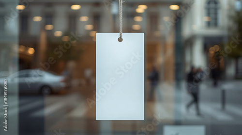 Blank price tag hanging on a street sign with empty paper label for sale or business message