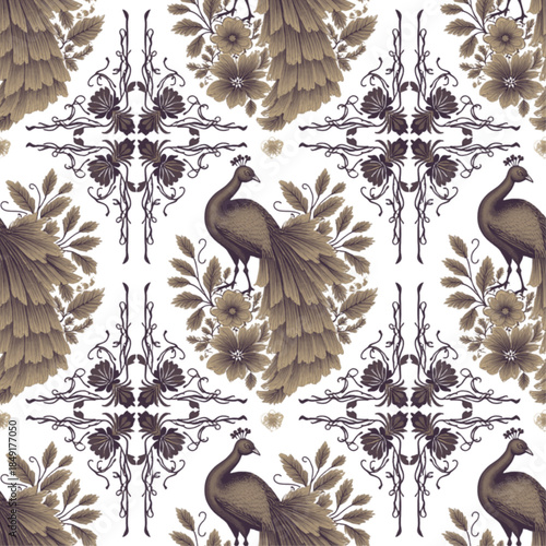Regal Peacock Damask Inspired Decorative Delft Tile Design