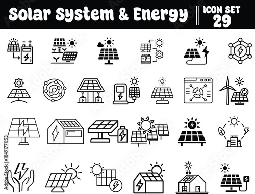 Solar System Energy Icons Set Renewable Power Generation Technology Symbols solar panel electricity