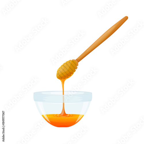 Wooden honey dipper with a glass bowl