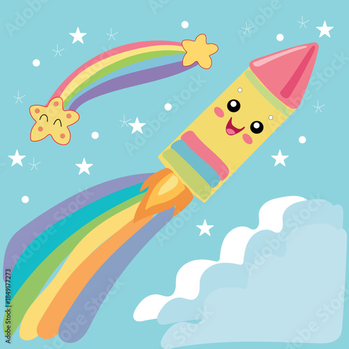 Adorable pencil rocket blasting through rainbow sky stars 