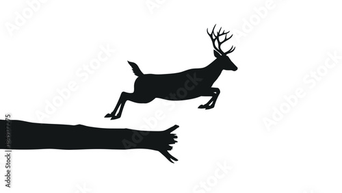 Silhouette of a majestic running stag with prominent antlers leaping over a log in minimalistic
