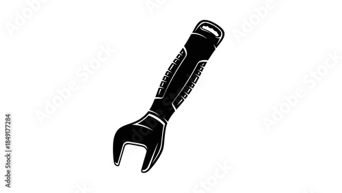 Minimalist black and white illustration of an adjustable wrench symbolizing tools and repair