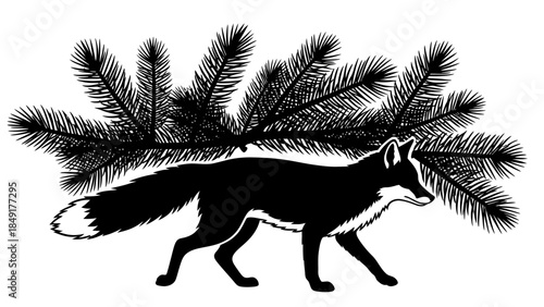 Silhouette of a cunning fox walking beneath lush pine branches in monochrome art style