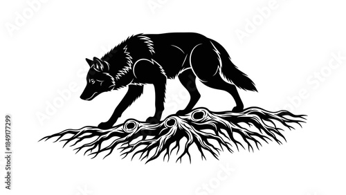 Stylized black and white illustration of a wolf standing on intricate root patterns symbolizing
