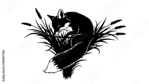 Minimalist Black and White Illustration of a Fox Resting Amid Tall Grass