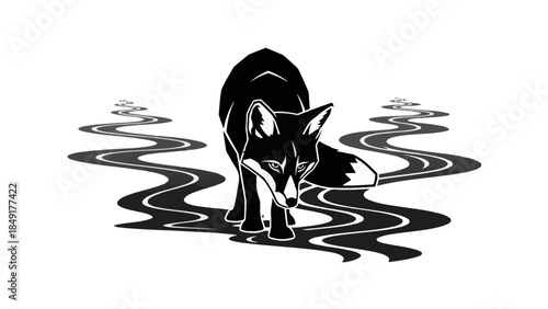 Stylized black and white wolf emerging from rippled waters with intense gaze
