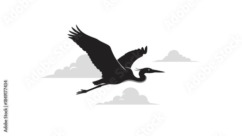 Silhouette of a Heron in Flight Over a Minimalist Cloudscape with Monochrome Design