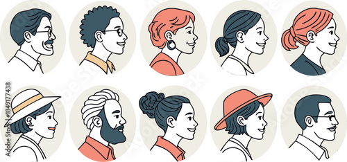 Cartoon woman face avatar icon set with different hairstyles and smiling expressions vector illustration