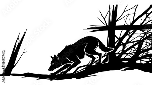 Silhouette of a fox stalking through a stark, leafless woodland scene in black and white