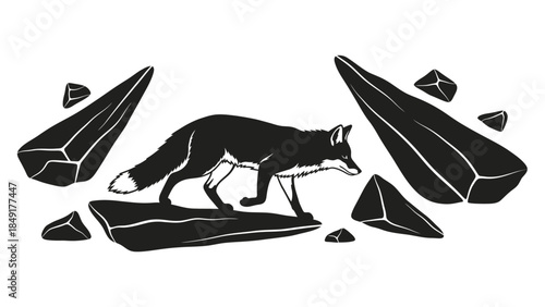 Silhouette of a fox walking on rocky terrain amidst scattered stones in minimal black and white