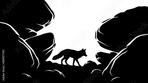 Silhouetted lone wolf traversing a rugged mountain pass in stark black and white