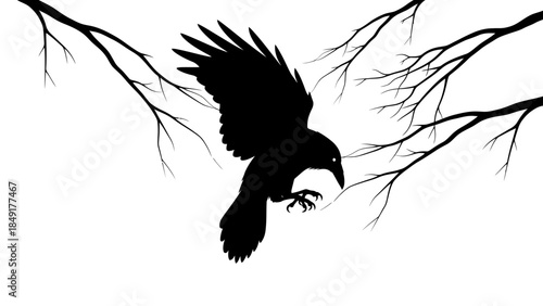 Silhouette of a Powerful Bird of Prey Perched on Elegant Tree Branches in Minimalist Style