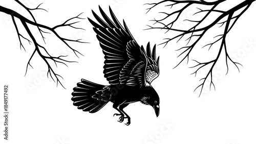 Silhouette of a flying bird in a minimalistic black and white scene surrounded by leafless tree