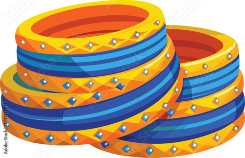 Colorful Stacked Rings with Blue and Orange Patterns and Silver Studs