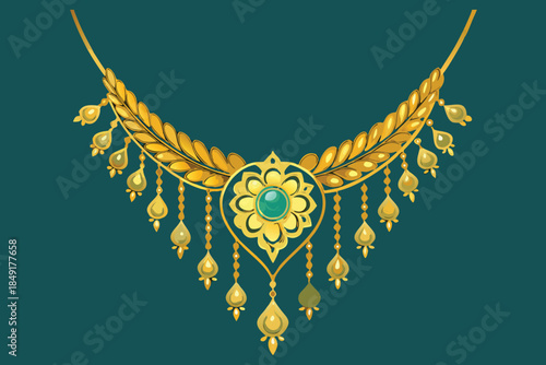Golden Ornate Necklace with Blue Gemstone Pendant on Dark Background
