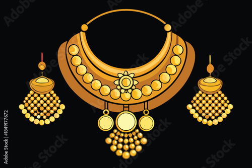 Golden Ornate Necklace with Earrings on Black Background jewelry ornament