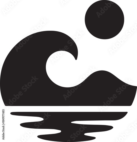  Silhouette seascape with wave mountain and sun abstract minimal Vector illustration