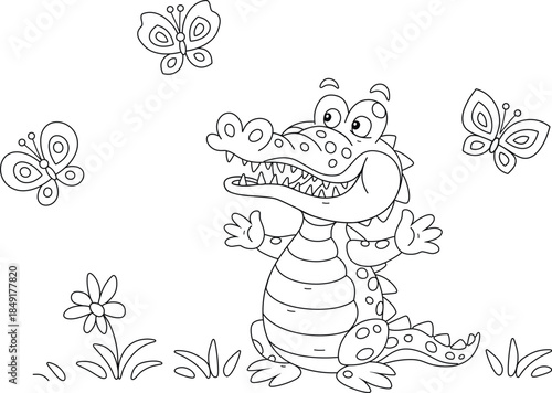 Happy crocodile playing with small butterflies on a summer lawn with flowers, black and white outline vector cartoon illustration for a coloring book