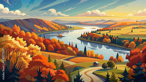 Very beautiful autumn landscape of the Wisconsin River near Prairie du Chien, featuring rolling hills, colorful foliage, calm water, and expansive river valley scenery in seasonal transition.