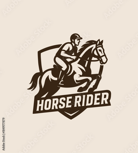Bold logo of a horse rider on a galloping horse within a shield.