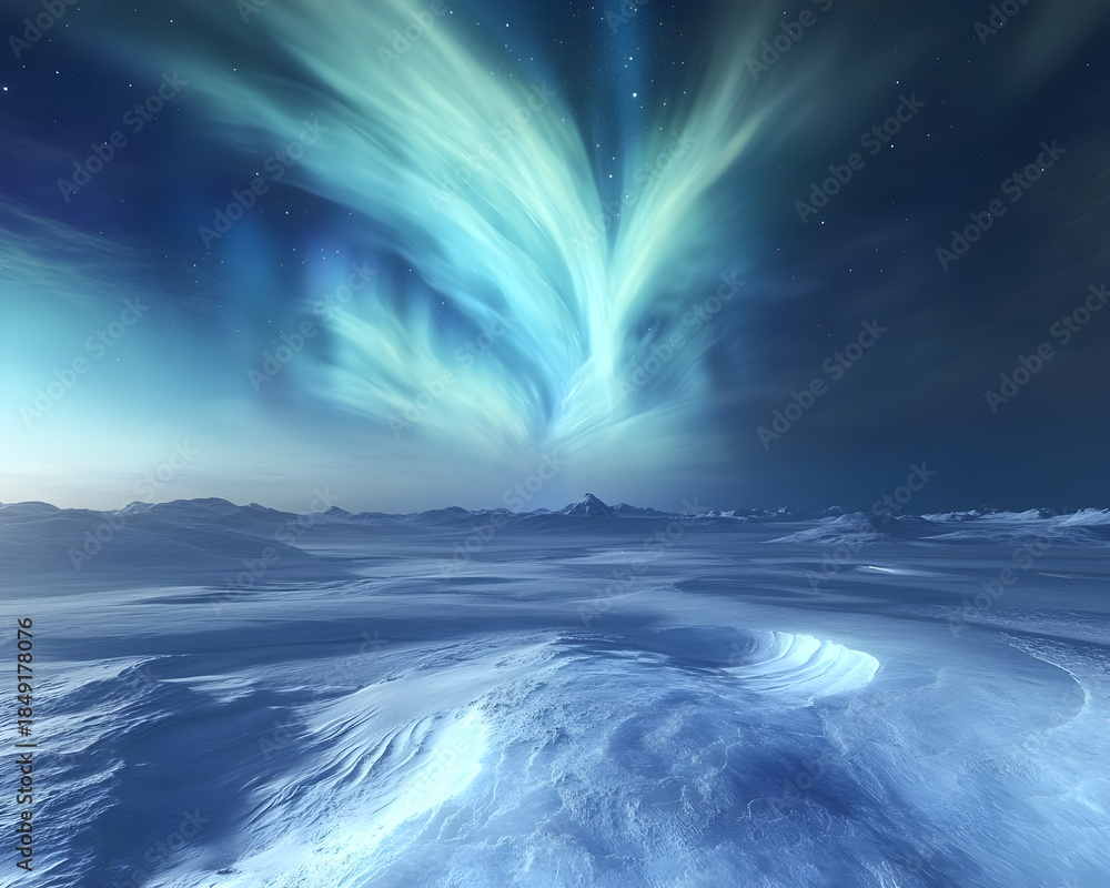 Naklejka premium Vibrant green and blue aurora borealis northern lights display in night sky over snowy winter landscape with mountains