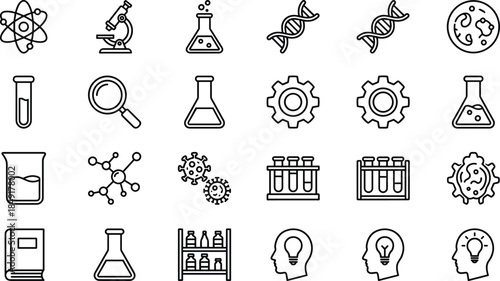 Science icons set, laboratory tools, research symbols, molecular structures, biology equipment, vector illustration, cad drawing flat vector illustration