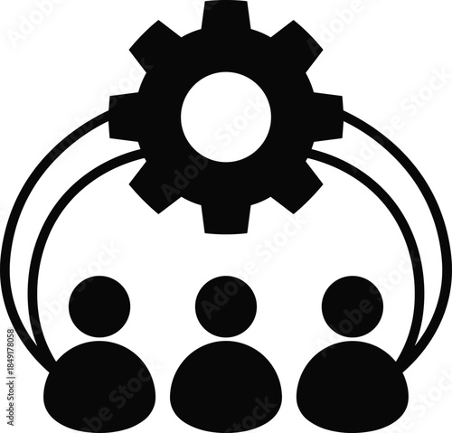Teamwork icon, collaboration symbol, gear and people, project management concept, vector illustration, cad drawing flat vector illustration