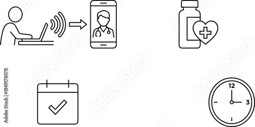 Telemedicine healthcare icons set, online doctor consultation, medicine calendar clock symbols, minimal line style, cad drawing flat vector illustration