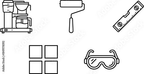 Tool icons set, construction equipment, household gear, safety illustration, vector line art, outline style, cad drawing flat vector illustration