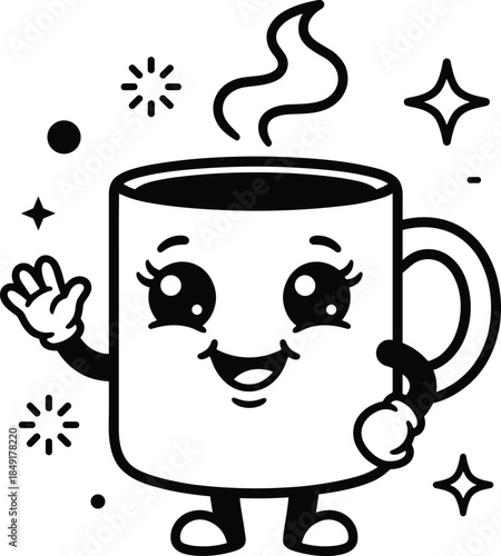 Cartoon coffee mug character, cute beverage mascot, smiling cup illustration, whimsical design, vector art, cad drawing flat vector illustration