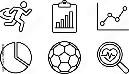 Fitness and health icons, sports analytics, activity tracking, wellness symbols, vector illustration, cad drawing flat vector illustration