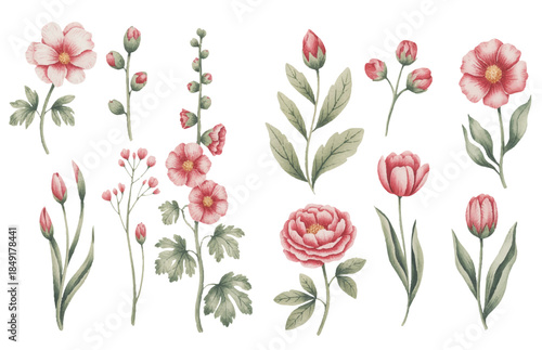Soft garden wildflowers and natural leaves arranged as watercolor floral