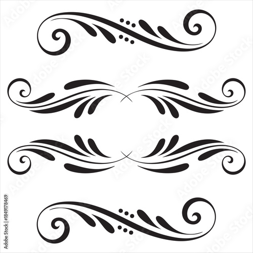 Set of Four Black Decorative Flourishes and Swirls Keywords: flourish, swirl, decorative