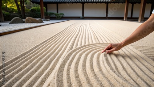 Mental health awareness concept. Zen garden with sand patterns and a hand creating designs.