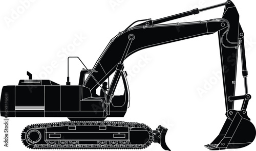 Construction excavator silhouette with hydraulic arm and bucket representing heavy industrial machinery engineering earthmoving equipment isolated on white