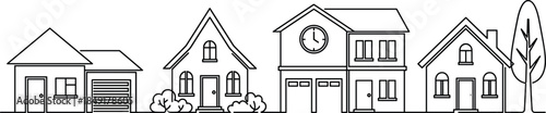 House architecture icons, residential buildings, home design styles, property illustration, vector outline, cad drawing flat vector illustration