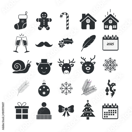 Black and white christmas icons set