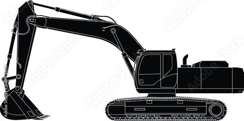 Construction excavator silhouette, heavy hydraulic tracked machinery for earthmoving projects industrial engineering equipment isolated on white background vector illustration profile