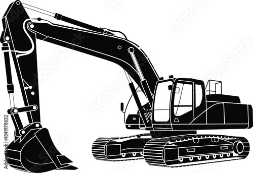 Construction excavator silhouette, heavy hydraulic tracked machinery with bucket for earthmoving industrial engineering projects isolated on white background illustration