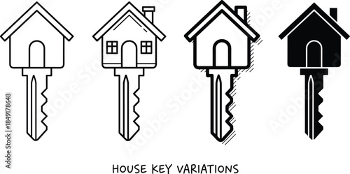 House key icons, home security, key variations, property access, vector illustration, outline style, cad drawing flat vector illustration