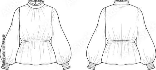 Minimal blouse technical fashion illustration front and back view high neck gathered waist long sleeve blank apparel vector