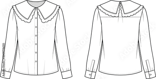 Minimal blouse technical fashion illustration front and back view lace scalloped collar button down shirt blank apparel vector