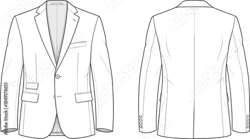 Minimal blazer technical fashion illustration front and back view tailored suit jacket notch lapel blank formal apparel vector mockup