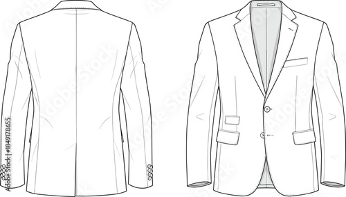 Minimal blazer technical fashion illustration front and back view tailored notch lapel suit jacket blank formal apparel vector